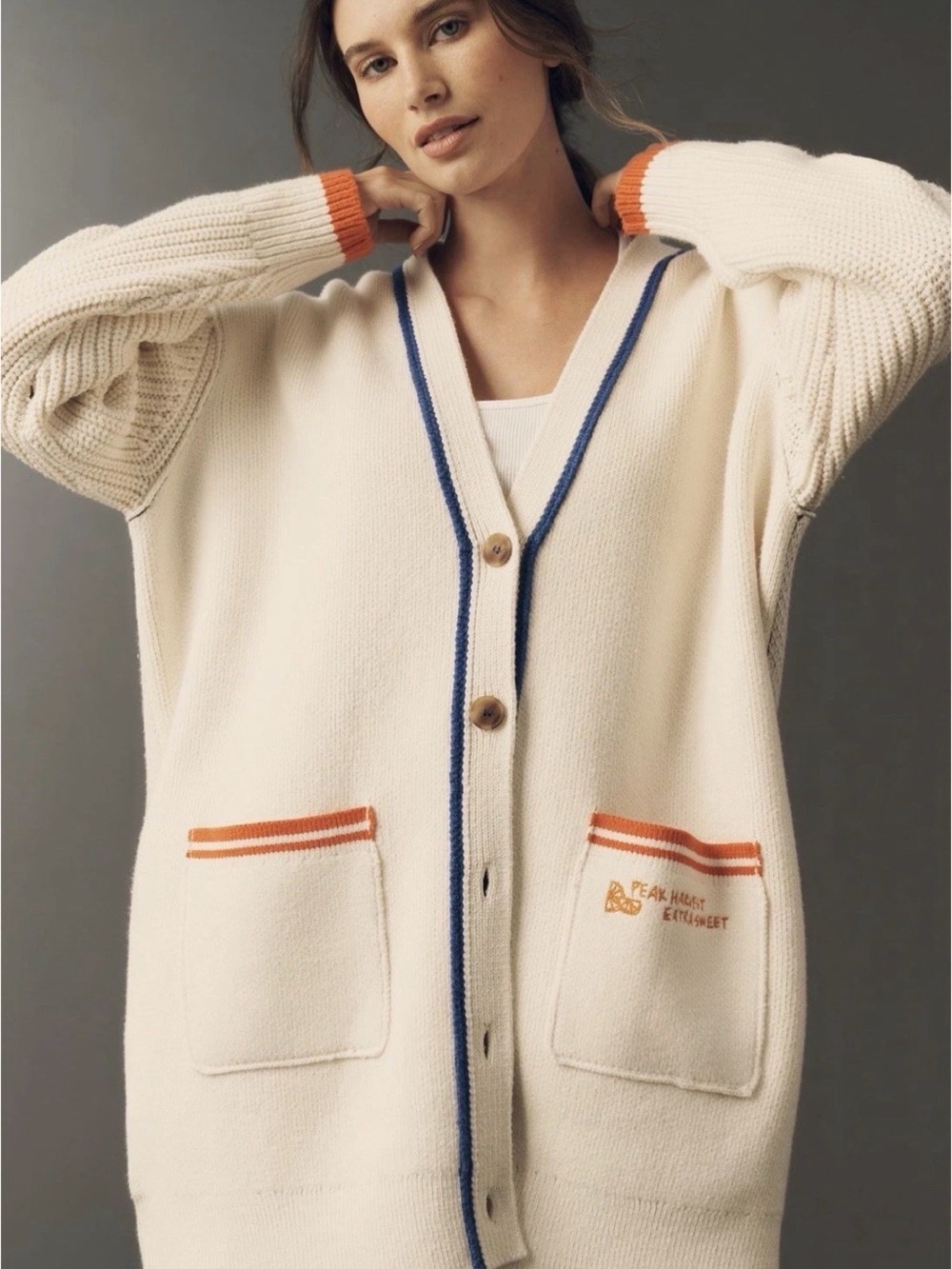 Maeve Cotton Blend ORANGES ๐ CITRUS GROVE Veggie Motif Cardigan Sweater - Picture 5 of 5